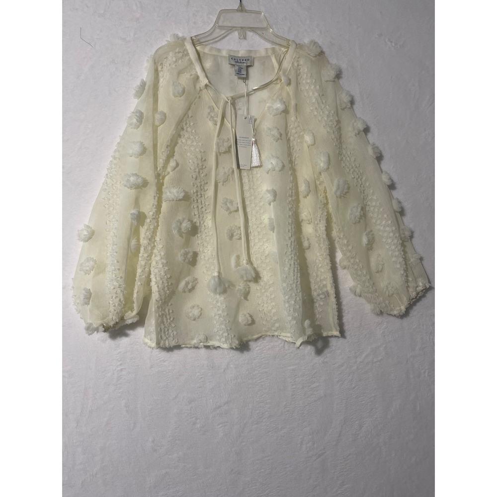 Calypso St Barth Cream 3D Floral Pom Pom Sheer Boho Blouse Medium NWT